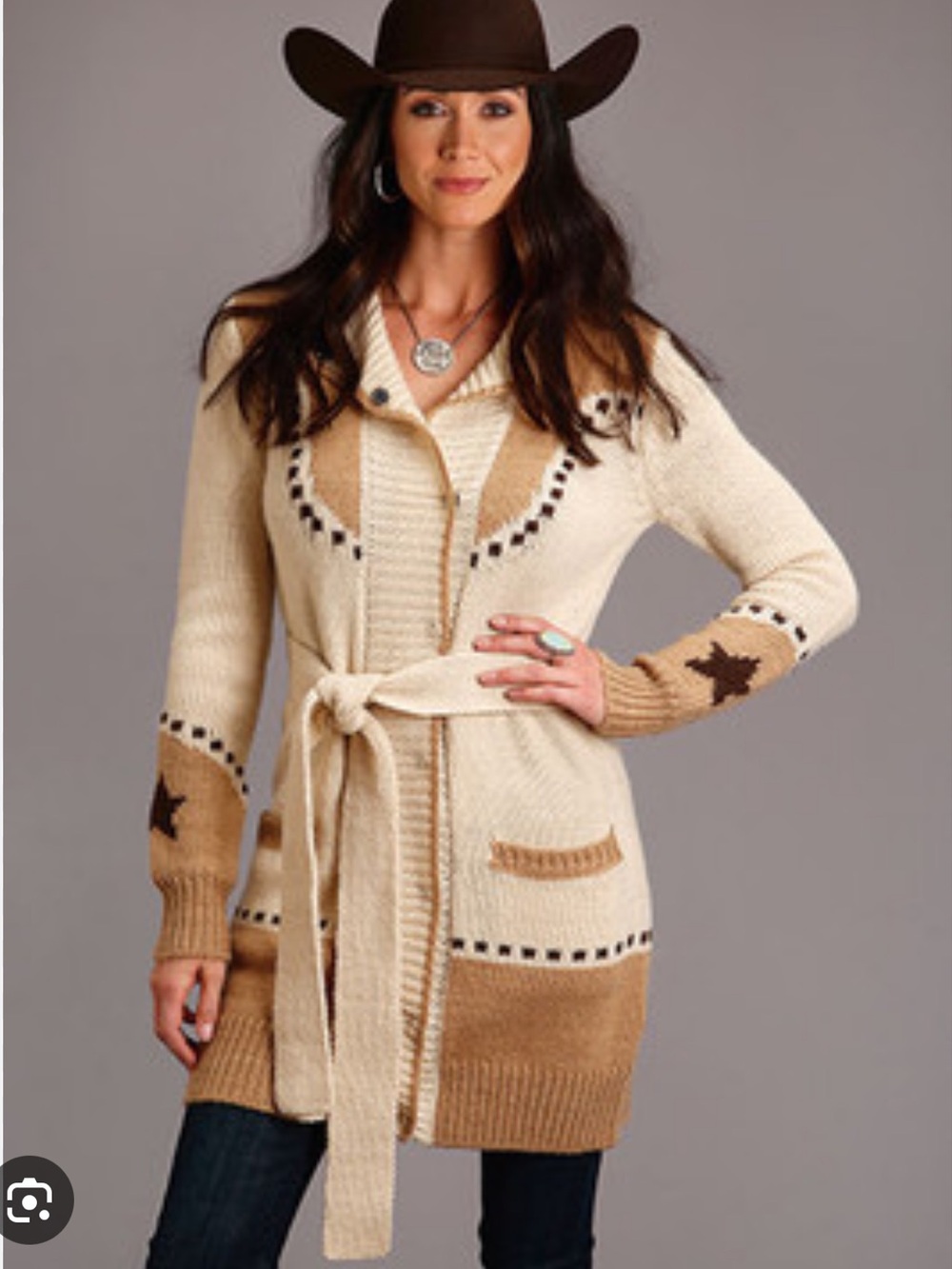 Stetson Cream & Tan Horseshoe Star Belted Cardigan - Picture 2 of 5
